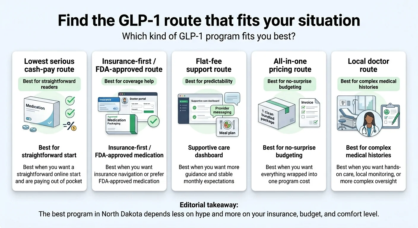 Find the GLP-1 route that fits your situation in North Dakota — five paths compared: lowest serious cash-pay route best for straightforward start, insurance-first FDA-approved route best for coverage help, flat-fee support route best for predictability, all-in-one pricing route best for no-surprise budgeting, and local doctor route best for complex medical histories. Editorial takeaway: the best program depends on your insurance, budget, and comfort level.