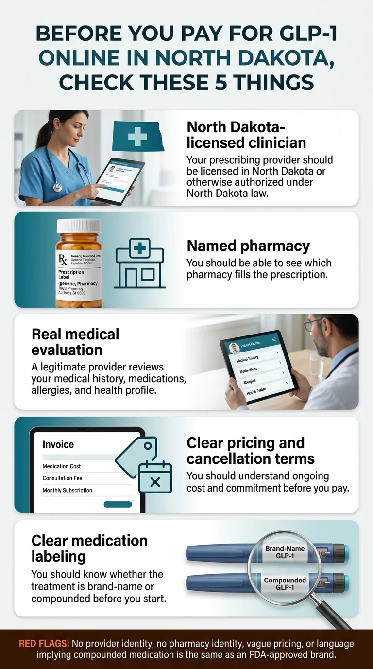 Before you pay for GLP-1 online in North Dakota, check these 5 things: 1) North Dakota-licensed clinician — your prescribing provider should be licensed in ND or authorized under ND law. 2) Named pharmacy — you should be able to see which pharmacy fills the prescription. 3) Real medical evaluation — a legitimate provider reviews your medical history, medications, allergies, and health profile. 4) Clear pricing and cancellation terms — you should understand ongoing cost and commitment before you pay. 5) Clear medication labeling — you should know whether the treatment is brand-name or compounded before you start. Red flags: no provider identity, no pharmacy identity, vague pricing, or language implying compounded medication is the same as an FDA-approved brand.