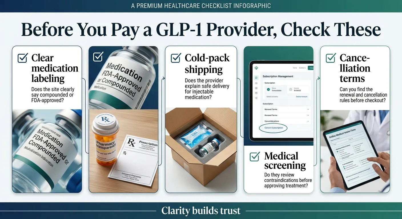 Before You Pay a GLP-1 Provider, Check These: Clear medication labeling (does the site clearly say compounded or FDA-approved?), FDA-approved or compounded label visible, cold-pack shipping for injectable medication, medical screening for contraindications, and cancellation terms visible before checkout.