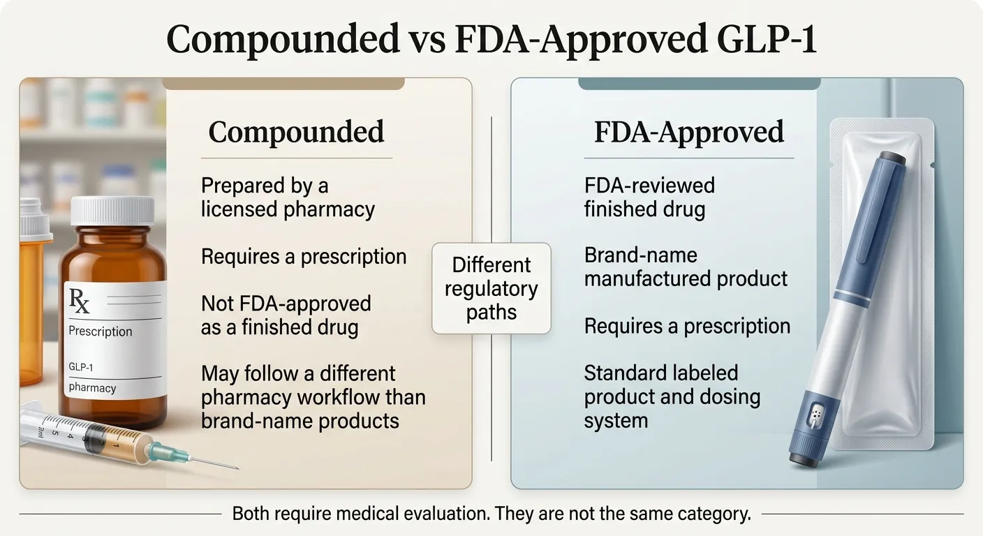 Compounded vs FDA-Approved GLP-1 comparison — Compounded: prepared by licensed pharmacy, requires prescription, not FDA-approved as finished drug, may follow different pharmacy workflow. FDA-Approved: FDA-reviewed finished drug, brand-name manufactured product, requires prescription, standard labeled product and dosing system. Both require medical evaluation. They are not the same category.