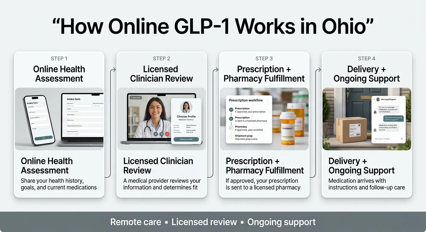 How Online GLP-1 Works in Ohio — Step 1: Online Health Assessment (share health history, goals, and current medications); Step 2: Licensed Clinician Review (a medical provider reviews your information and determines fit); Step 3: Prescription and Pharmacy Fulfillment (if approved, prescription sent to licensed pharmacy); Step 4: Delivery and Ongoing Support (medication arrives with instructions and follow-up care).