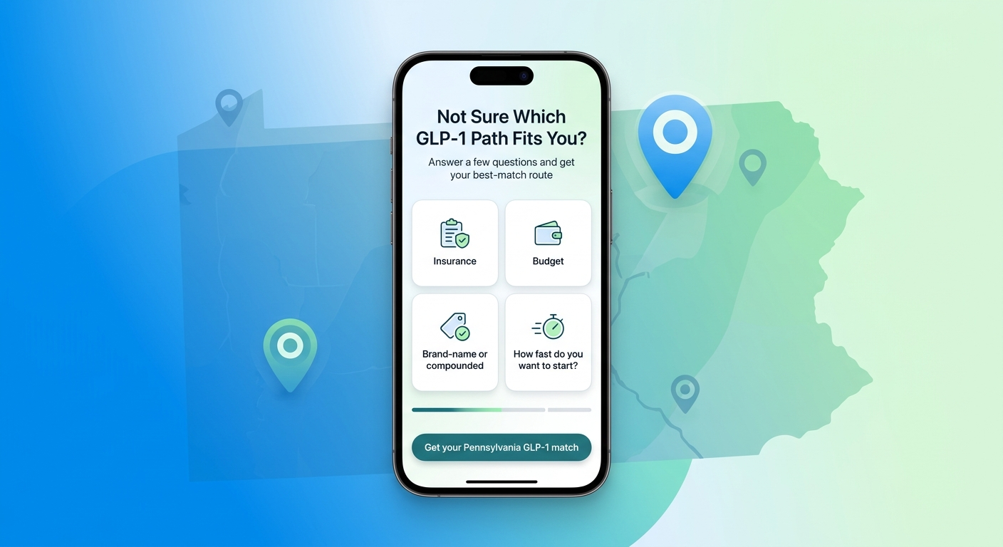 Not Sure Which GLP-1 Path Fits You? Answer a few questions about insurance, budget, brand-name or compounded, and how fast you want to start — and get your best-match Pennsylvania GLP-1 route.