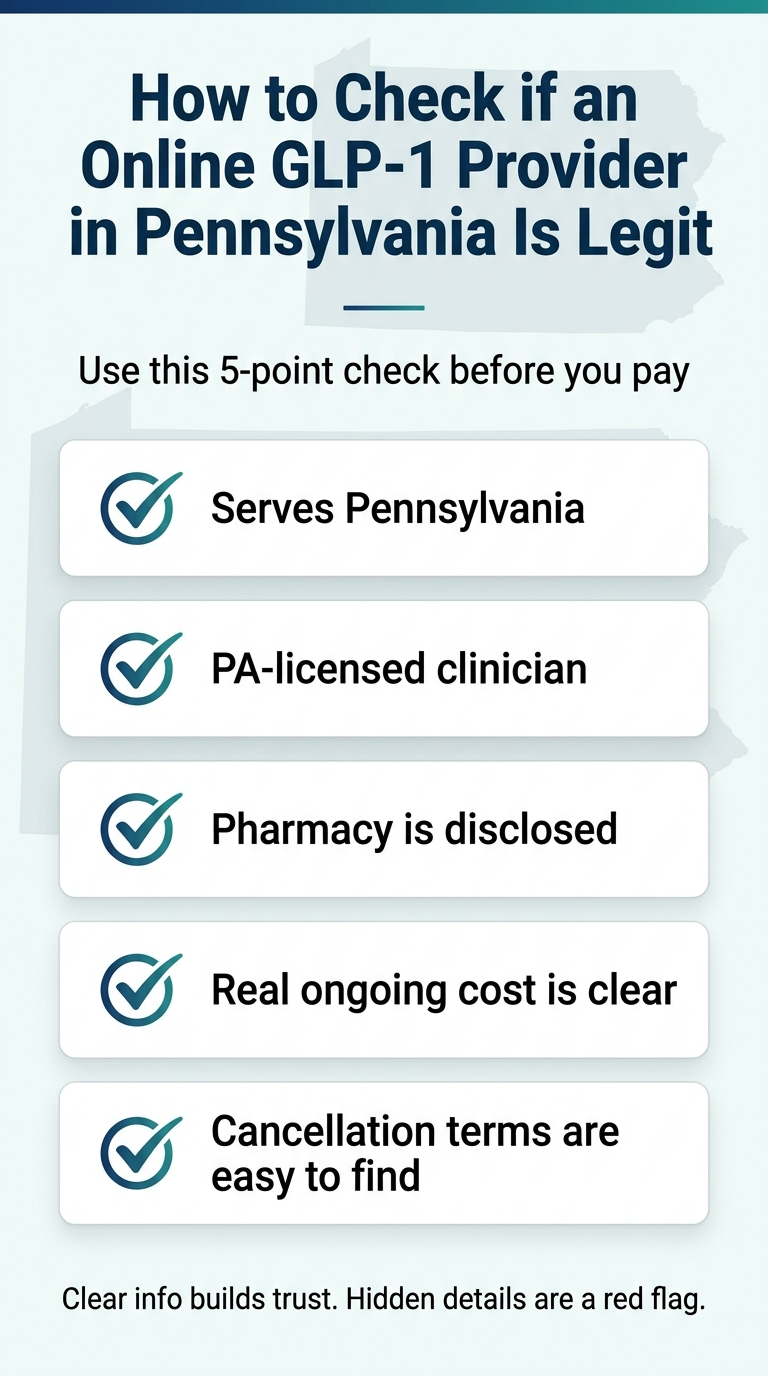 How to Check if an Online GLP-1 Provider in Pennsylvania Is Legit — Use this 5-point check before you pay: 1. Serves Pennsylvania. 2. PA-licensed clinician. 3. Pharmacy is disclosed. 4. Real ongoing cost is clear. 5. Cancellation terms are easy to find. Clear info builds trust. Hidden details are a red flag.