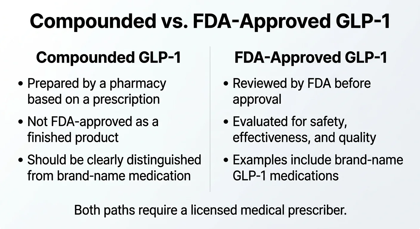 Compounded vs FDA-Approved GLP-1 comparison: Compounded GLP-1 is prepared by a pharmacy based on a prescription, not FDA-approved as a finished product, and should be clearly distinguished from brand-name medication. FDA-Approved GLP-1 is reviewed by the FDA before approval, evaluated for safety, effectiveness, and quality, and includes brand-name medications. Both paths require a licensed medical prescriber.