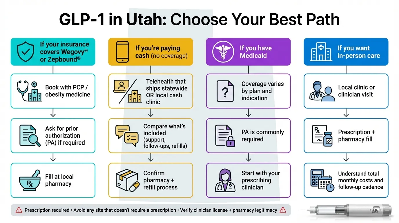GLP-1 in Utah: Choose your best path - decision flowchart for insurance, cash pay, Medicaid, and in-person options with step-by-step guidance