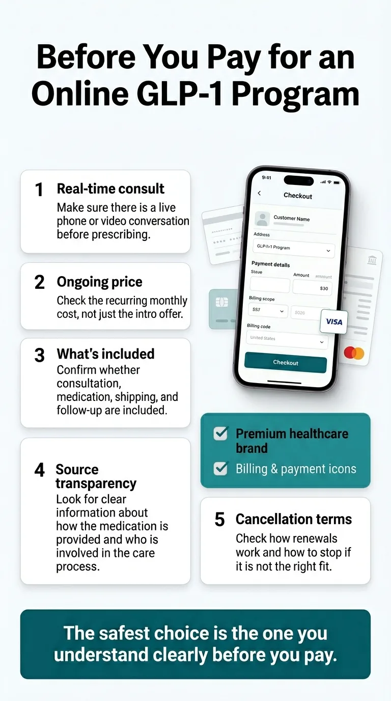 Before you pay for an online GLP-1 program — 5-point checklist: real-time consult, ongoing price, what is included, source transparency, and cancellation terms.
