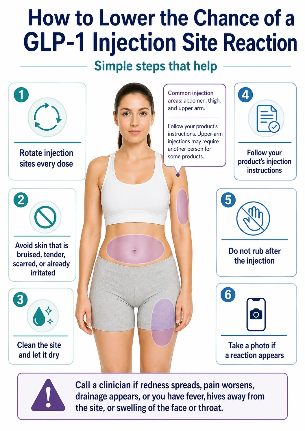 How to prevent GLP-1 injection site reactions: rotate sites every dose, avoid bruised skin, clean and let dry, follow injection instructions, don't rub, take a photo if reaction appears