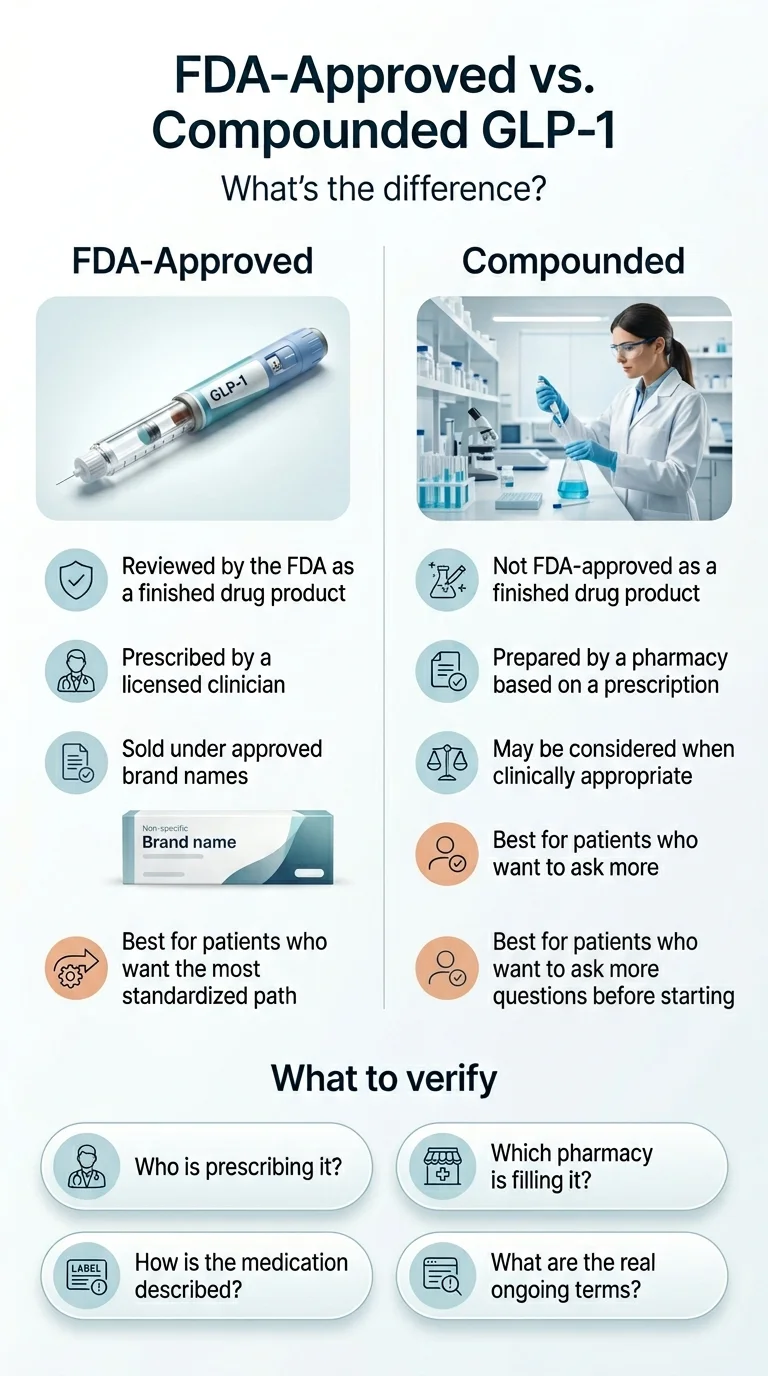 FDA-approved vs. compounded GLP-1 comparison — what to verify before starting: who is prescribing, which pharmacy, how medication is described, and real ongoing terms