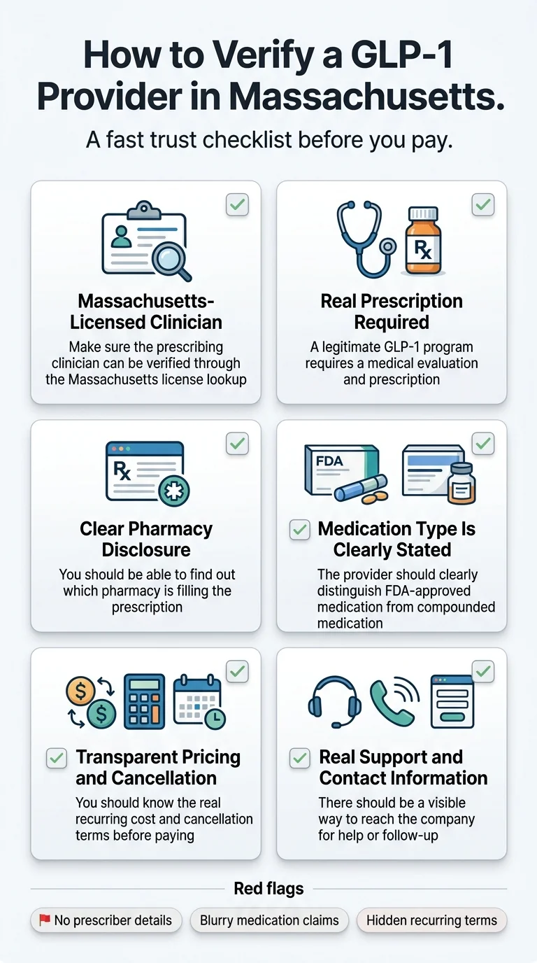 How to verify a GLP-1 provider in Massachusetts — 6-point trust checklist: Massachusetts-licensed clinician, real prescription required, clear pharmacy disclosure, medication type stated, transparent pricing, real support contact information