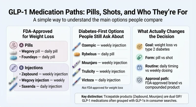 GLP-1 medication paths infographic showing FDA-approved weight loss options (Wegovy pill, Foundayo daily pills, Zepbound, Wegovy injection, Saxenda injections), diabetes-first options people still ask about (Ozempic, Rybelsus, Mounjaro, Trulicity, Victoza), and what actually changes the decision: goal, form, routine, and approval path.