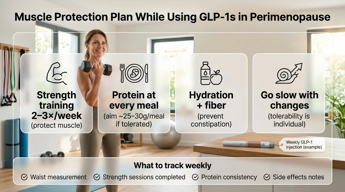 Muscle protection plan while using GLP-1s in perimenopause - strength training 2-3x per week, protein at every meal aiming for 25-30g, hydration plus fiber, and go slow with changes