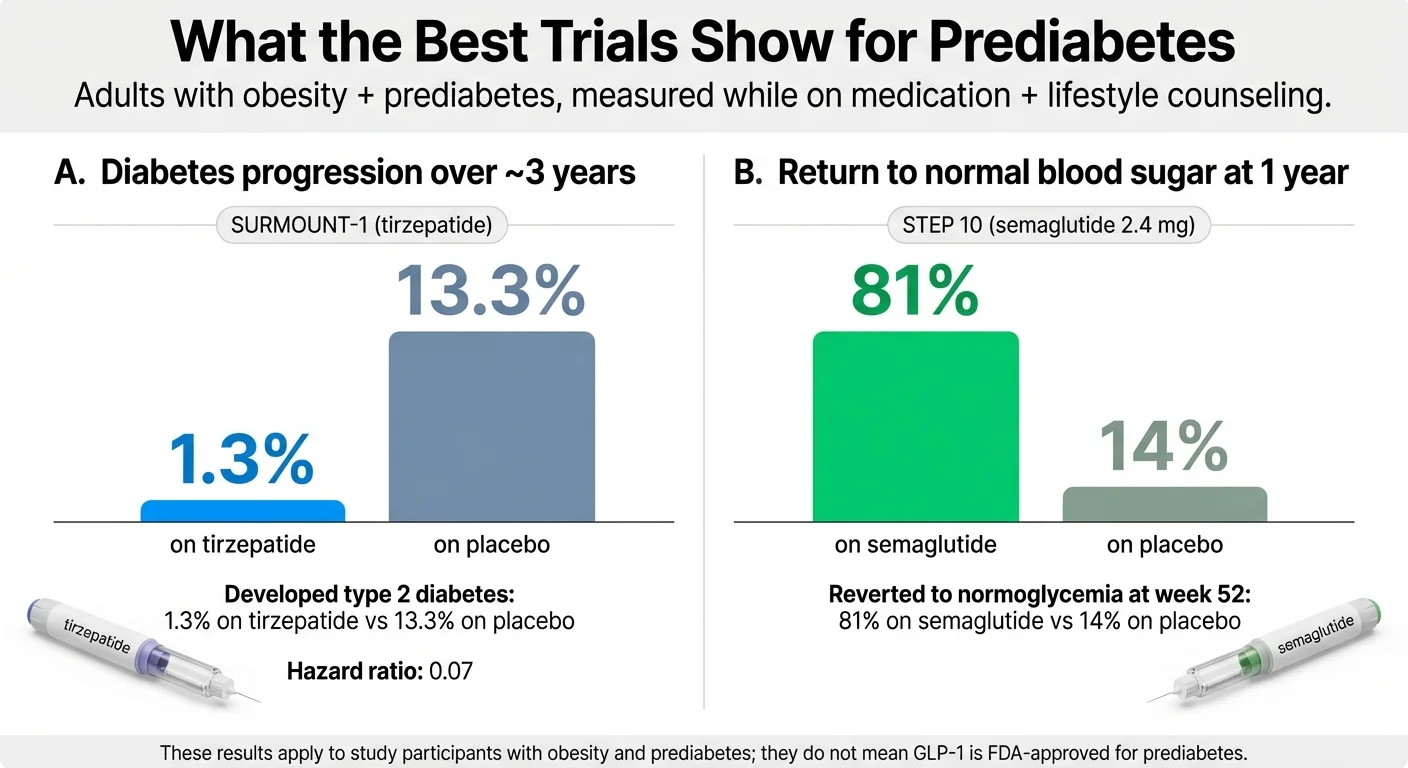 GLP-1 for prediabetes clinical trial results showing tirzepatide 1.3% vs 13.3% diabetes progression and semaglutide 81% vs 14% return to normal blood sugar