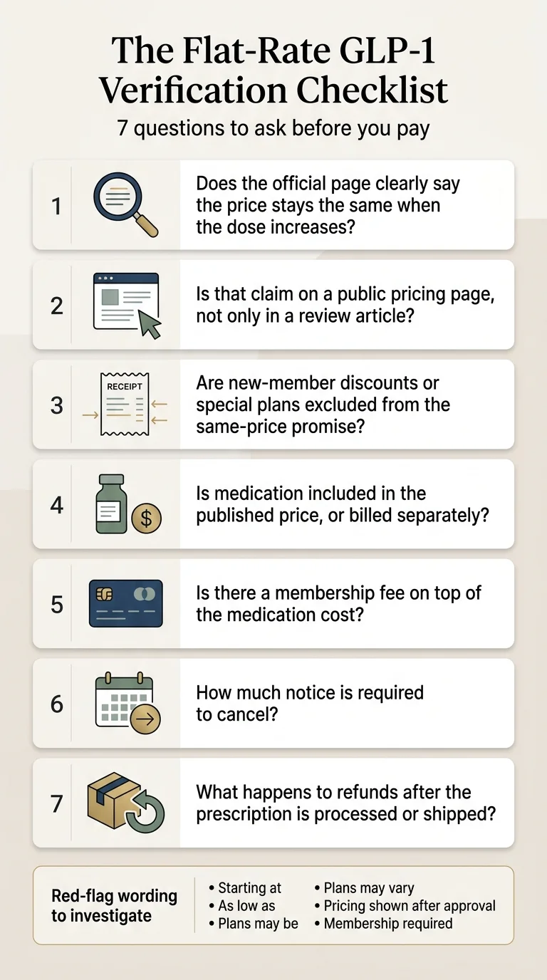 The Flat-Rate GLP-1 Verification Checklist — 7 questions to ask before you pay. 1: Does the official page clearly say the price stays the same when the dose increases? 2: Is that claim on a public pricing page, not only in a review article? 3: Are new-member discounts or special plans excluded from the same-price promise? 4: Is medication included in the published price, or billed separately? 5: Is there a membership fee on top of the medication cost? 6: How much notice is required to cancel? 7: What happens to refunds after the prescription is processed or shipped? Red-flag wording to investigate: Starting at, As low as, Plans may be, Plans may vary, Pricing shown after approval, Membership required.
