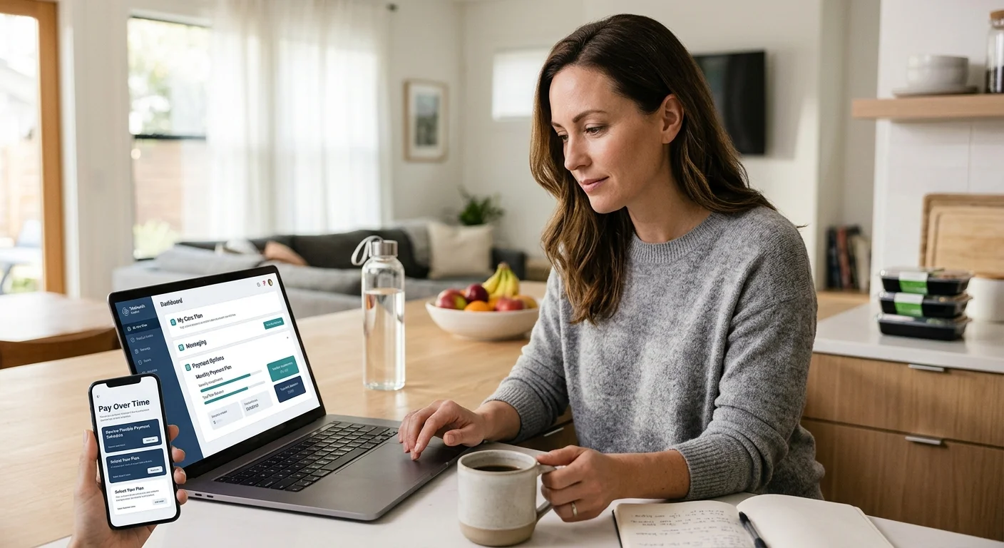 Woman sitting at kitchen table researching GLP-1 providers on her laptop while a phone shows a 'Pay Over Time' Affirm payment plan, comparing monthly payments and total financed amounts for different telehealth GLP-1 programs
