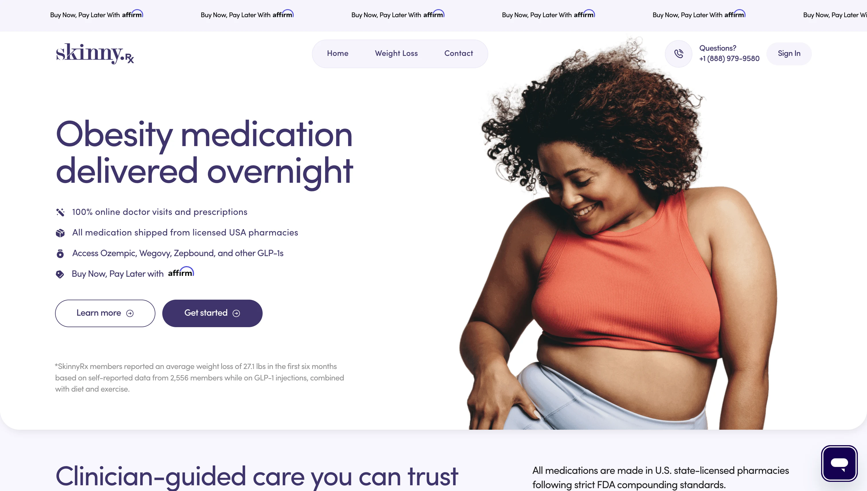 SkinnyRx website showing 'Obesity medication delivered overnight' with Affirm buy now pay later banner — compounded semaglutide and tirzepatide available with online doctor visits from licensed USA pharmacies