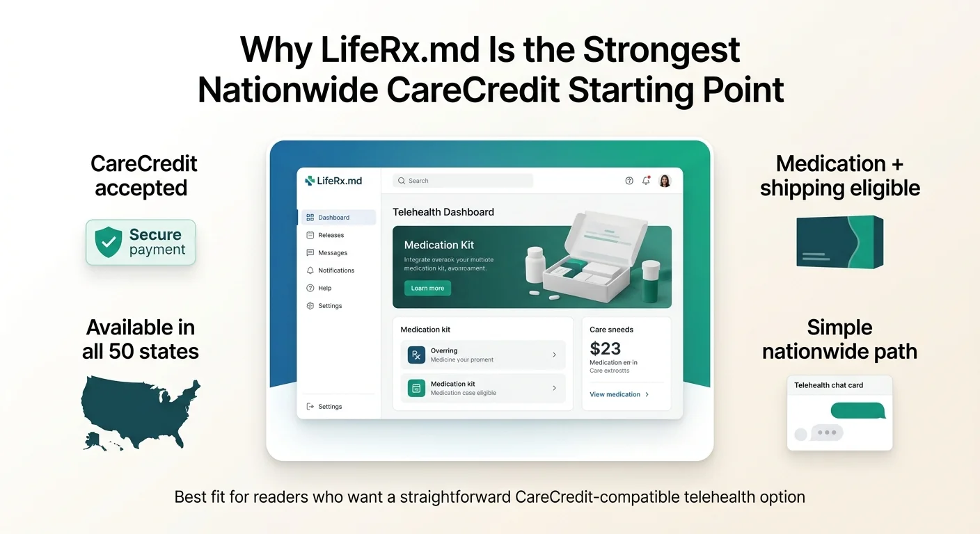 Why LifeRx.md Is the Strongest Nationwide CareCredit Starting Point. Left column: CareCredit accepted (secure payment badge), available in all 50 states (US map). Center: LifeRx.md Telehealth Dashboard showing Medication Kit, care needs at $23, and medication kit options. Right column: Medication plus shipping eligible (package icon), simple nationwide path (telehealth chat card). Best fit for readers who want a straightforward CareCredit-compatible telehealth option.