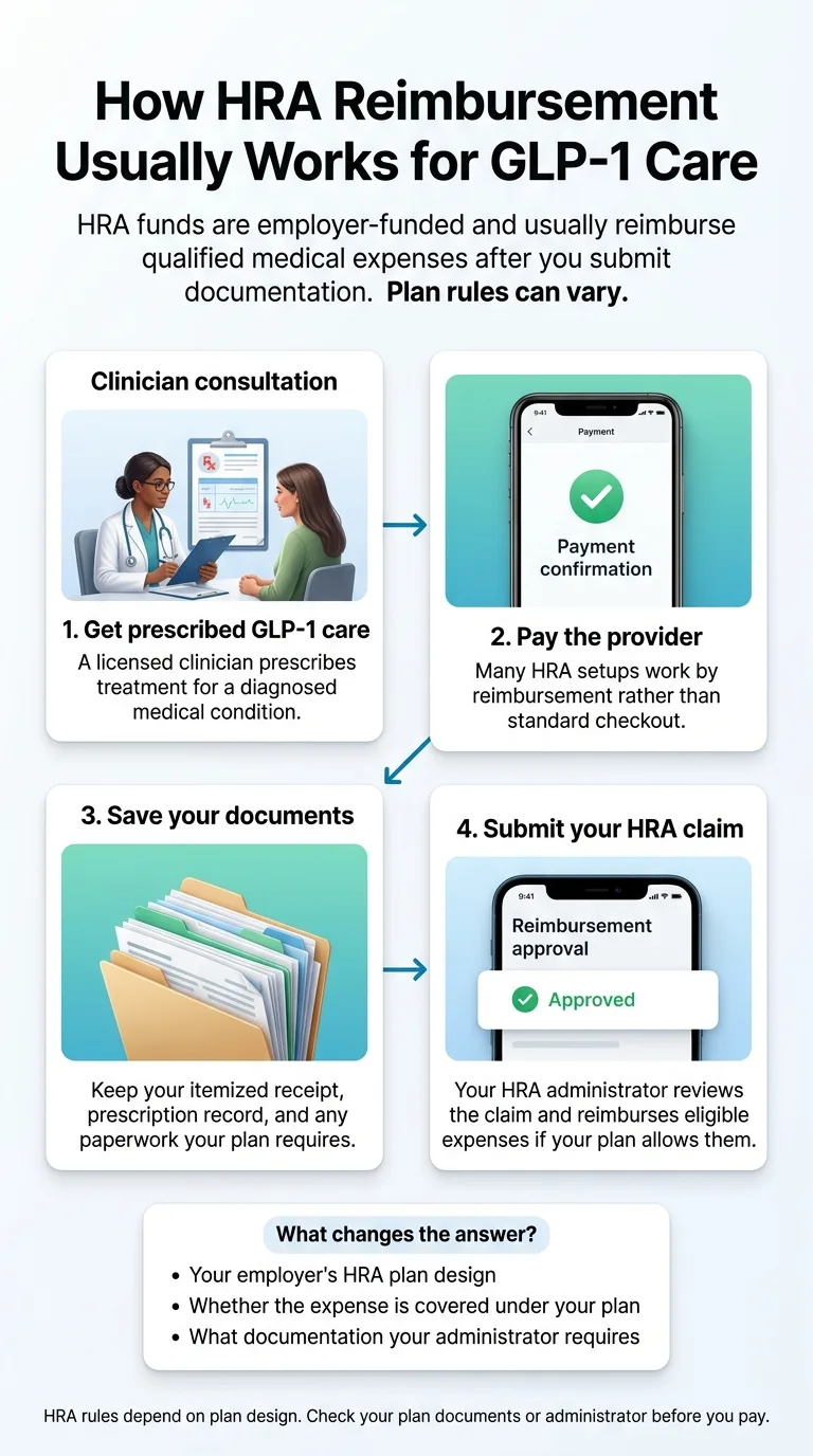 Infographic titled 'How HRA Reimbursement Usually Works for GLP-1 Care' showing a four-step workflow: 1) Get prescribed GLP-1 care, 2) Pay the provider, 3) Save your documents, 4) Submit your HRA claim — plus a callout box listing what changes the answer (employer plan design, plan coverage, documentation requirements).