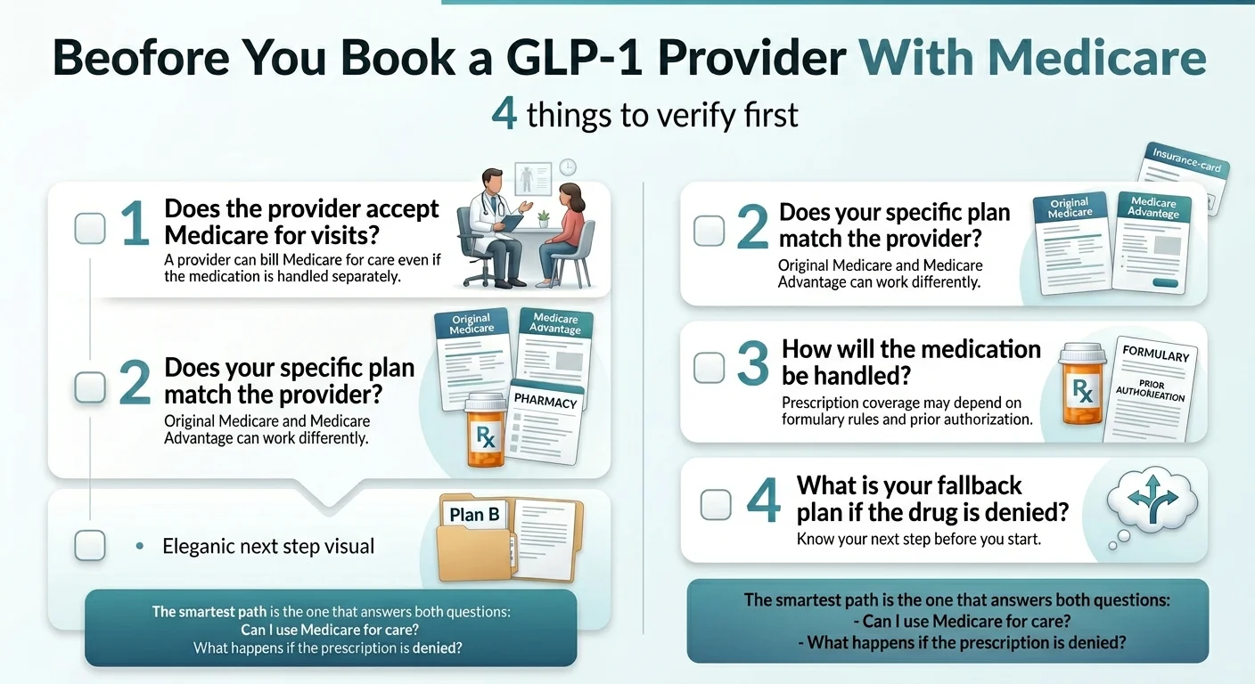 Before You Book a GLP-1 Provider With Medicare — 4 things to verify first. 1. Does the provider accept Medicare for visits? A provider can bill Medicare for care even if the medication is handled separately. 2. Does your specific plan match the provider? Original Medicare and Medicare Advantage can work differently. 3. How will the medication be handled? Prescription coverage may depend on formulary rules and prior authorization. 4. What is your fallback plan if the drug is denied? Know your next step before you start. The smartest path is the one that answers both questions: Can I use Medicare for care? What happens if the prescription is denied?