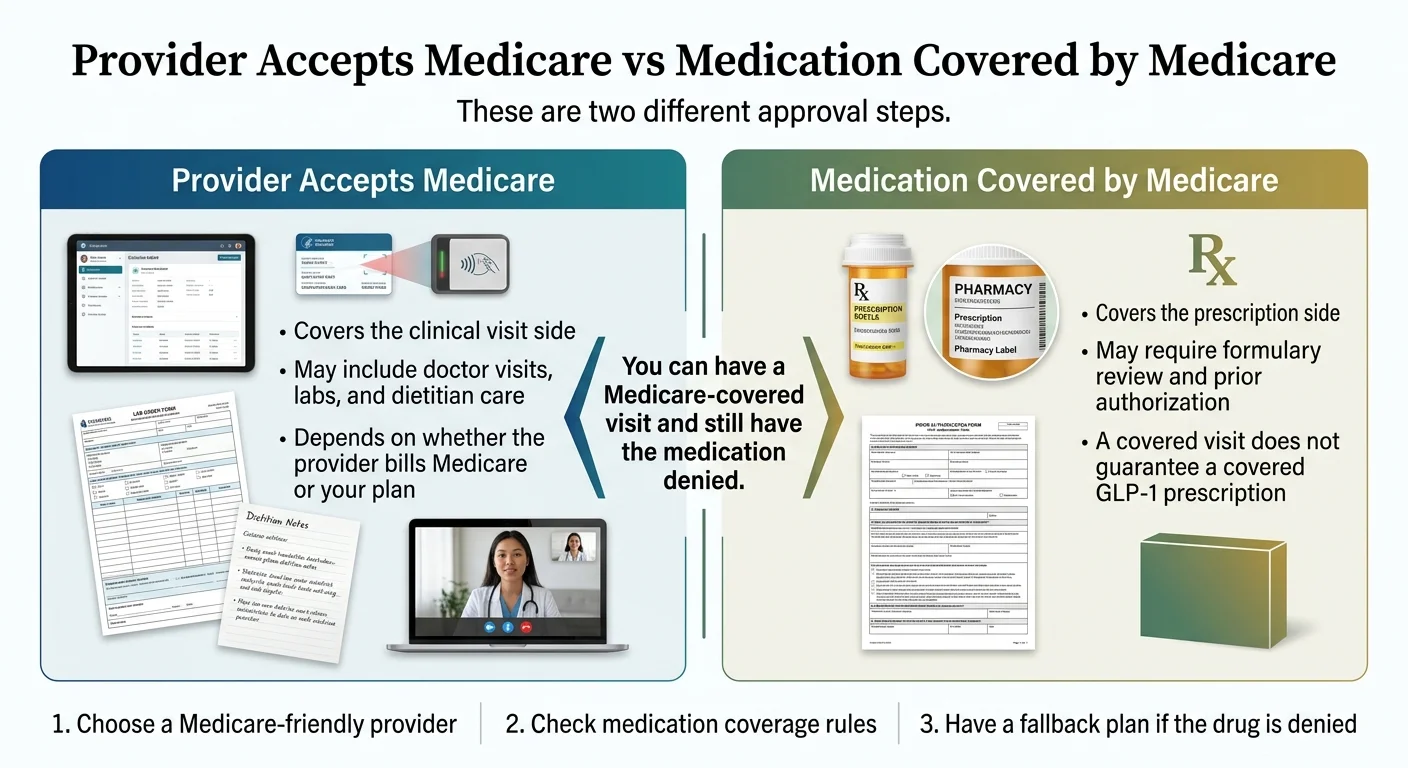 Provider Accepts Medicare vs Medication Covered by Medicare — these are two different approval steps. Provider Accepts Medicare (left): Covers the clinical visit side; may include doctor visits, labs, and dietitian care; depends on whether the provider bills Medicare or your plan. Medication Covered by Medicare (right): Covers the prescription side; may require formulary review and prior authorization; a covered visit does not guarantee a covered GLP-1 prescription. You can have a Medicare-covered visit and still have the medication denied. Steps: 1. Choose a Medicare-friendly provider, 2. Check medication coverage rules, 3. Have a fallback plan if the drug is denied.