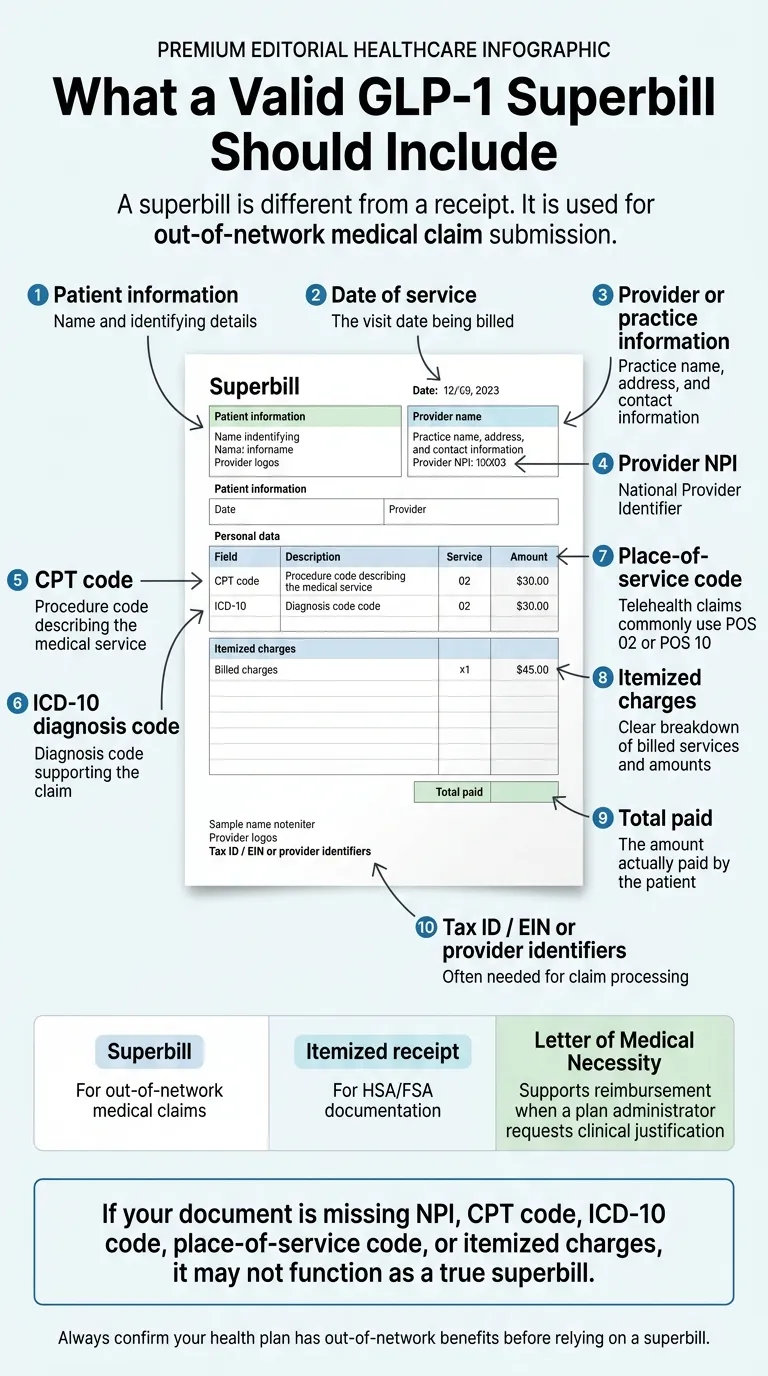 What a Valid GLP-1 Superbill Should Include: 10 required elements — (1) Patient information: name and identifying details, (2) Date of service: the visit date being billed, (3) Provider or practice information: name, address, and contact, (4) Provider NPI: National Provider Identifier, (5) CPT code: procedure code describing the medical service, (6) ICD-10 diagnosis code: diagnosis code supporting the claim, (7) Place-of-service code: telehealth commonly uses POS 02 or POS 10, (8) Itemized charges: clear breakdown of billed services and amounts, (9) Total paid: amount actually paid by the patient, (10) Tax ID or EIN or provider identifiers. If your document is missing NPI, CPT code, ICD-10 code, place-of-service code, or itemized charges, it may not function as a true superbill.