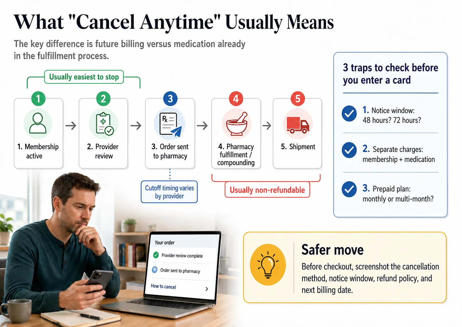 What "Cancel Anytime" Usually Means infographic: The 5 order states from membership active through shipment, showing which stages are usually easiest to stop vs usually non-refundable. 3 traps to check before entering a card: notice window (48 hours or 72 hours?), separate charges (membership + medication?), prepaid plan (monthly or multi-month?). Safer move: before checkout, screenshot the cancellation method, notice window, refund policy, and next billing date.