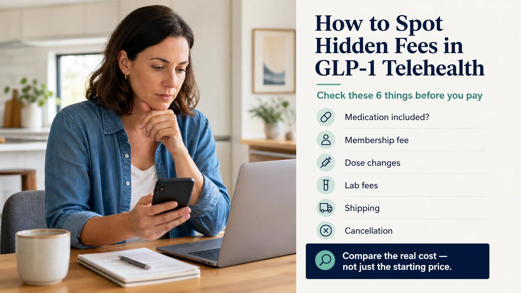 How to spot hidden fees in GLP-1 telehealth \u2014 6 things to check: medication included, membership fee, dose changes, lab fees, shipping, and cancellation. Compare the real cost, not just the starting price.