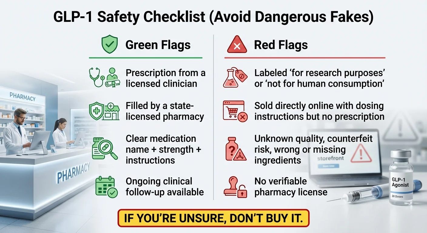 GLP-1 Safety Checklist showing green flags like prescription from licensed clinician and red flags like products labeled for research purposes only