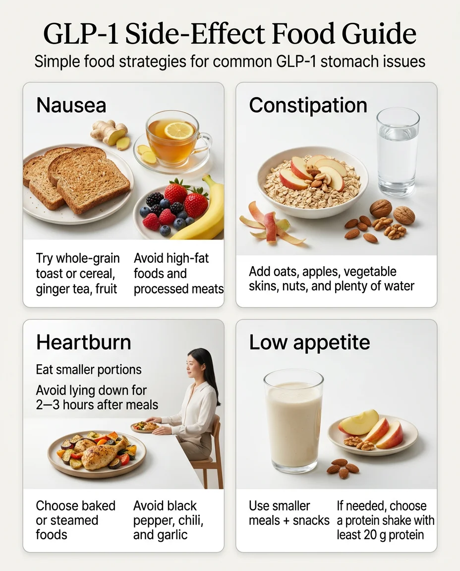 GLP-1 Side-Effect Food Guide: Simple food strategies for common GLP-1 stomach issues including nausea, constipation, heartburn, and low appetite