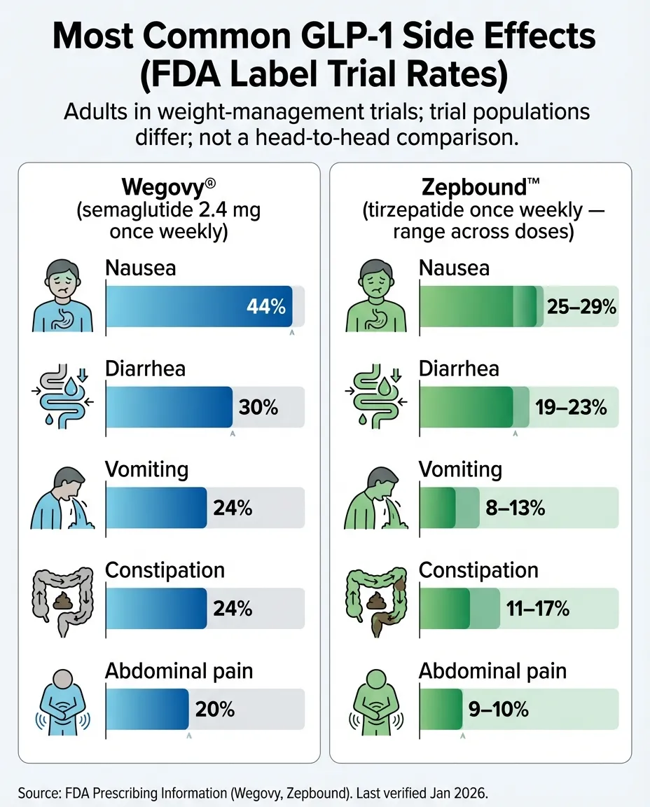 Most common GLP-1 side effects FDA trial rates comparing Wegovy (semaglutide) vs Zepbound (tirzepatide) including nausea, diarrhea, vomiting, constipation, and abdominal pain percentages