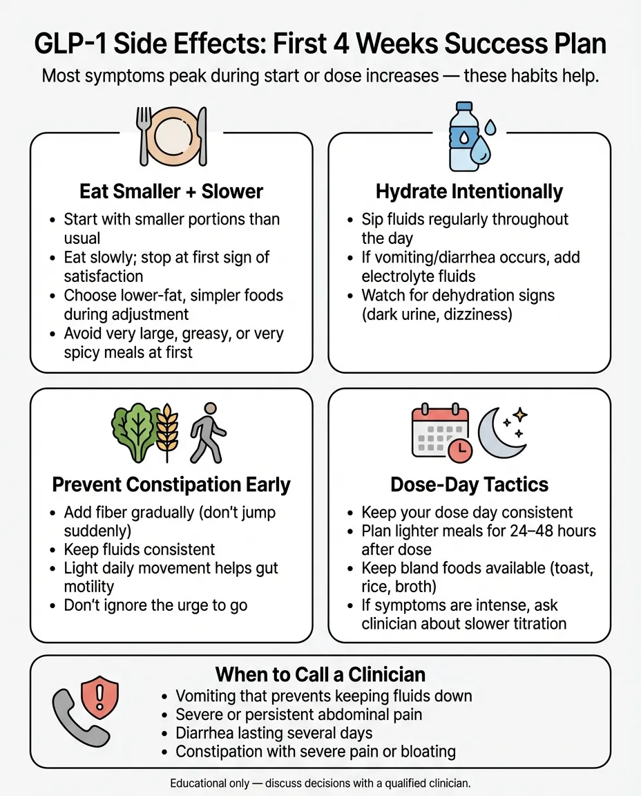GLP-1 Side Effects First 4 Weeks Success Plan showing strategies for eating smaller and slower, hydrating intentionally, preventing constipation early, and dose-day tactics
