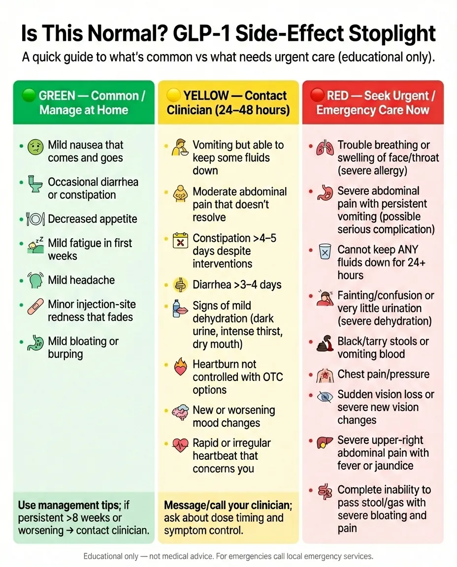 Is This Normal? GLP-1 Side-Effect Stoplight guide showing green (manage at home), yellow (contact clinician 24-48 hours), and red (seek urgent/emergency care) symptoms