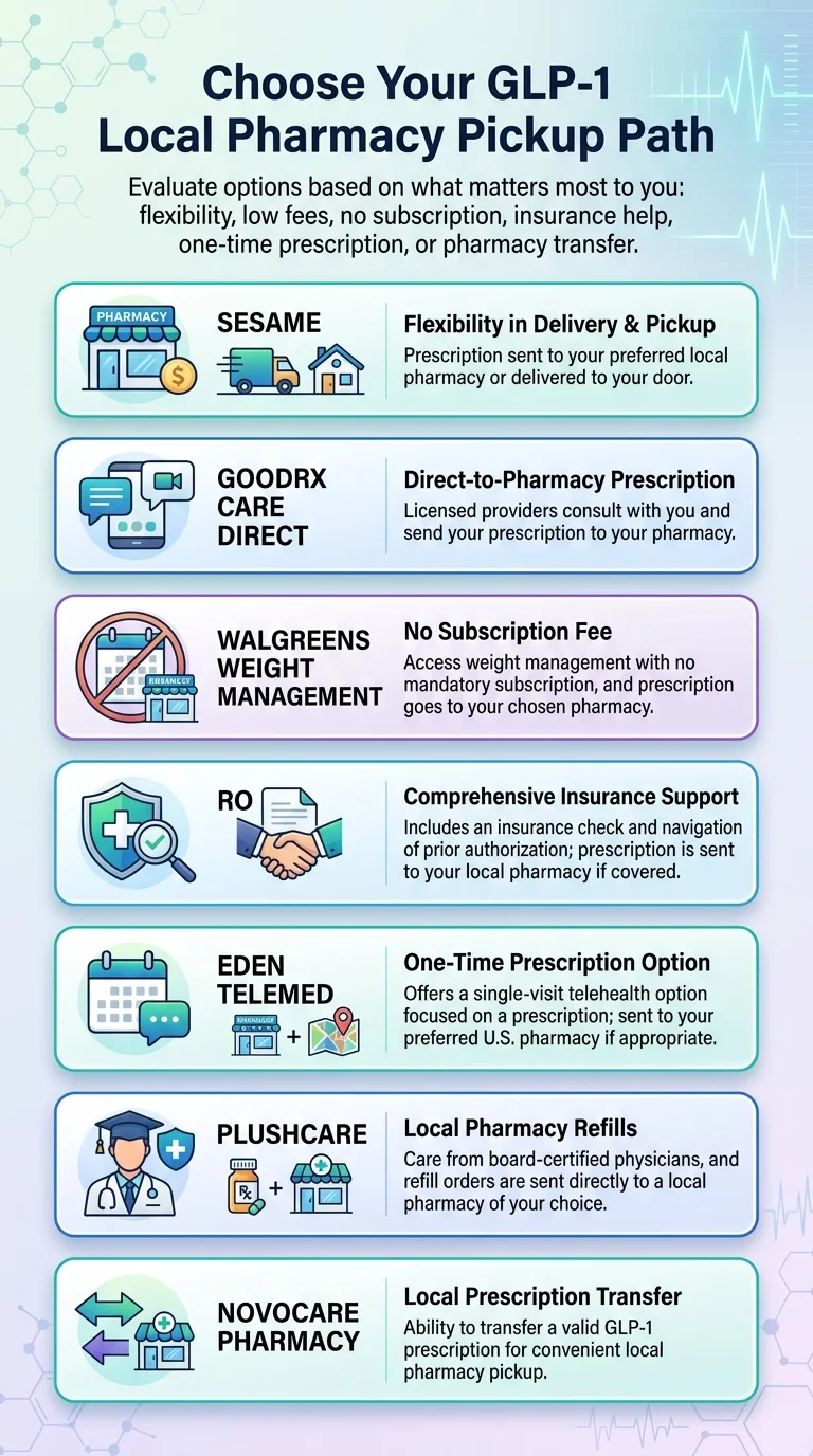 Choose Your GLP-1 Local Pharmacy Pickup Path — 7 provider options illustrated: Sesame (flexibility in delivery and pickup — prescription sent to your preferred local pharmacy or delivered to your door), GoodRx Care Direct (direct-to-pharmacy prescription — licensed providers consult and send your prescription to your pharmacy), Walgreens Weight Management (no subscription fee — access weight management with no mandatory subscription, prescription goes to your chosen pharmacy), Ro (comprehensive insurance support — includes insurance check and prior authorization navigation, prescription sent to your local pharmacy if covered), Eden Telemed (one-time prescription option — single-visit telehealth focused on prescription, sent to your preferred U.S. pharmacy if appropriate), PlushCare (local pharmacy refills — care from board-certified physicians, refill orders sent directly to a local pharmacy of your choice), NovoCare Pharmacy (local prescription transfer — ability to transfer a valid GLP-1 prescription to a local pharmacy for convenient pickup).