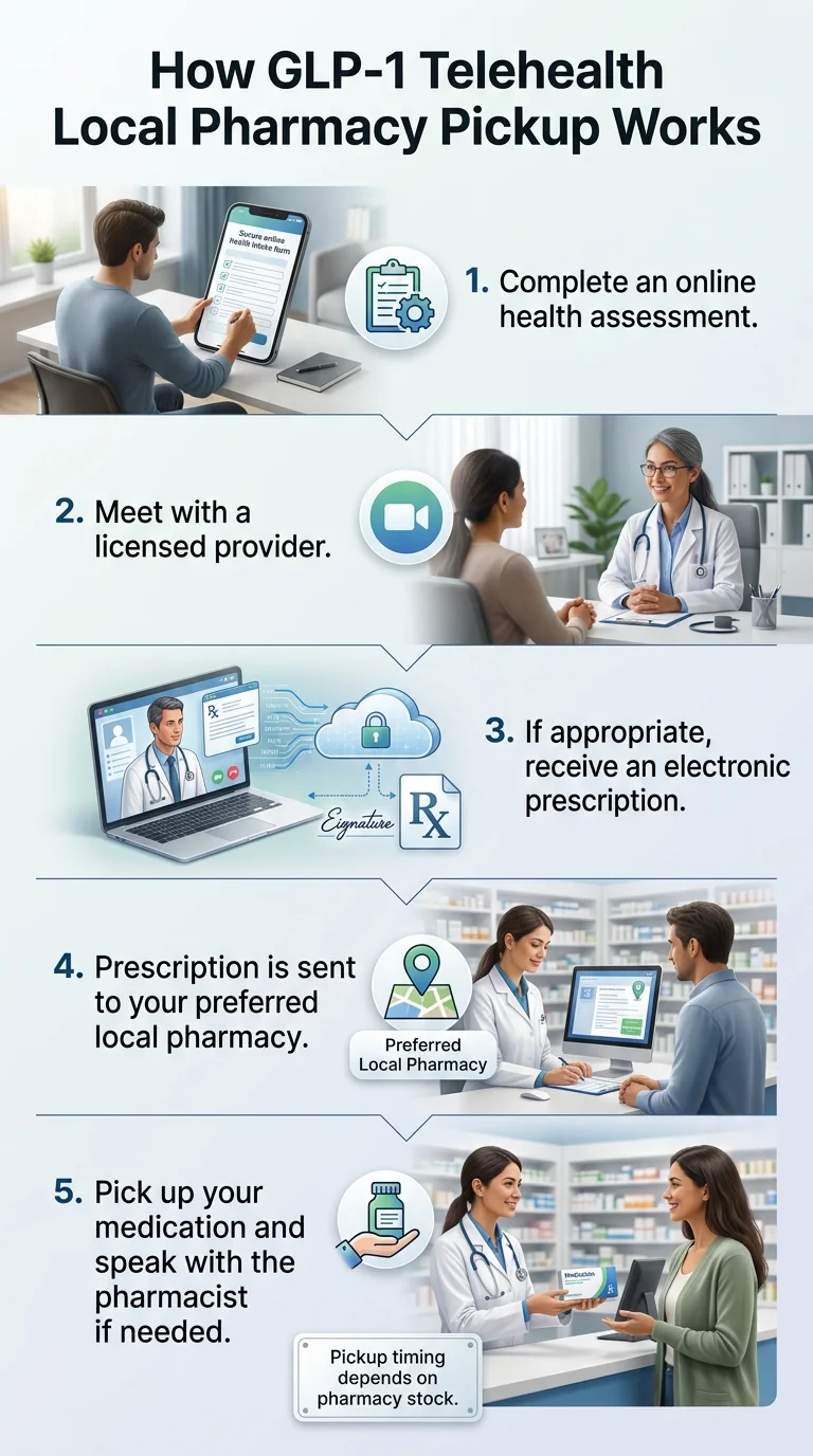 How GLP-1 Telehealth Local Pharmacy Pickup Works — 5-step illustrated process: Step 1: Complete an online health assessment (man filling out form on phone at desk). Step 2: Meet with a licensed provider (video call with doctor). Step 3: If appropriate, receive an electronic prescription (digital Rx sent securely). Step 4: Prescription is sent to your preferred local pharmacy (pharmacist at computer). Step 5: Pick up your medication and speak with the pharmacist if needed. Note: Pickup timing depends on pharmacy stock.