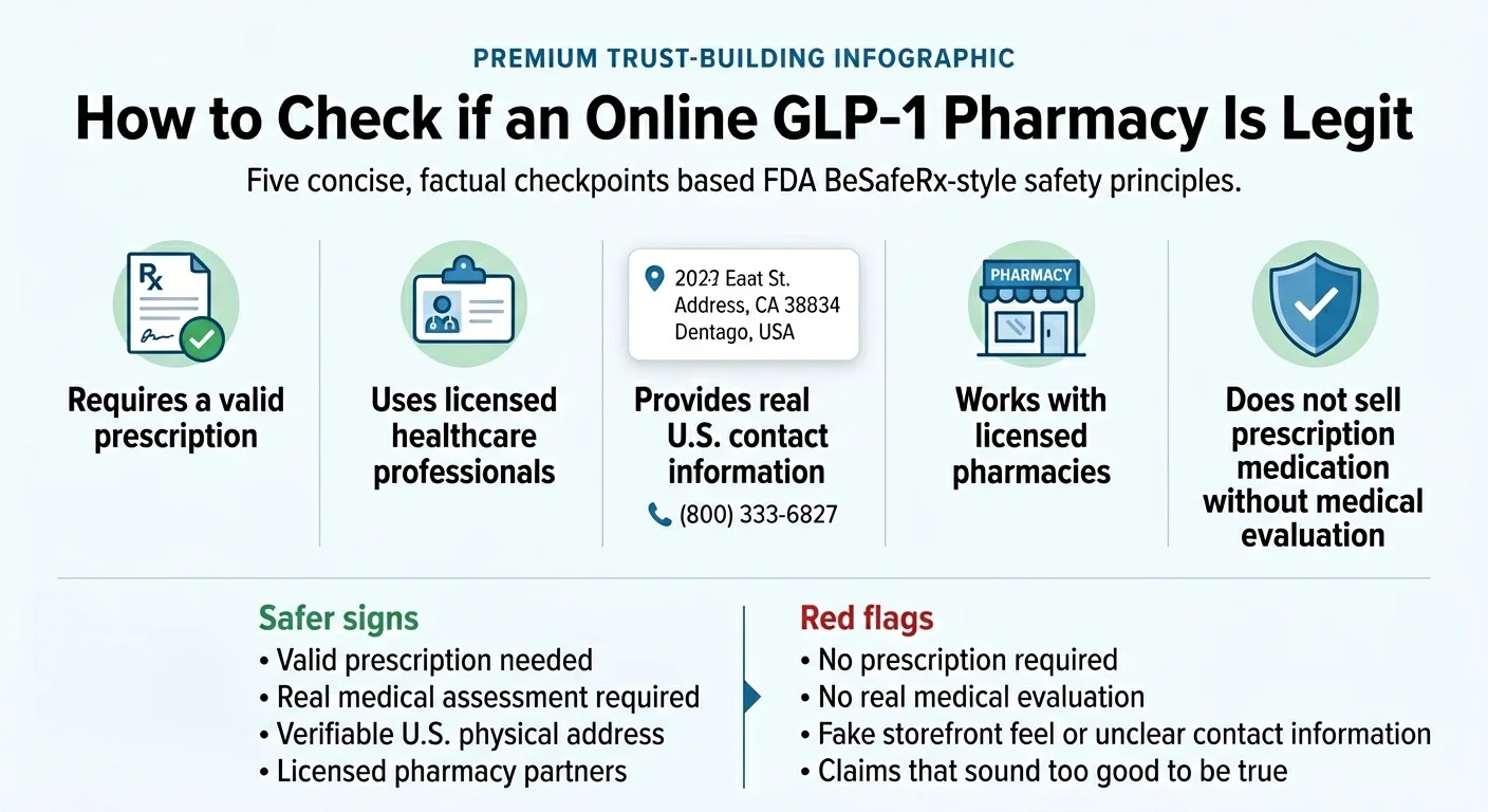 How to Check if an Online GLP-1 Pharmacy is Legit — Five concise, factual checkpoints based on FDA BeSafeRx-style safety principles: (1) Requires a valid prescription. (2) Uses licensed healthcare professionals. (3) Provides real U.S. contact information with a physical address and phone number. (4) Works with licensed pharmacies. (5) Does not sell prescription medication without medical evaluation. Safer signs: Valid prescription needed, real medical assessment required, verifiable U.S. physical address, licensed pharmacy partners. Red flags: No prescription required, no real medical evaluation, fake storefront feel or unclear contact information, claims that sound too good to be true.