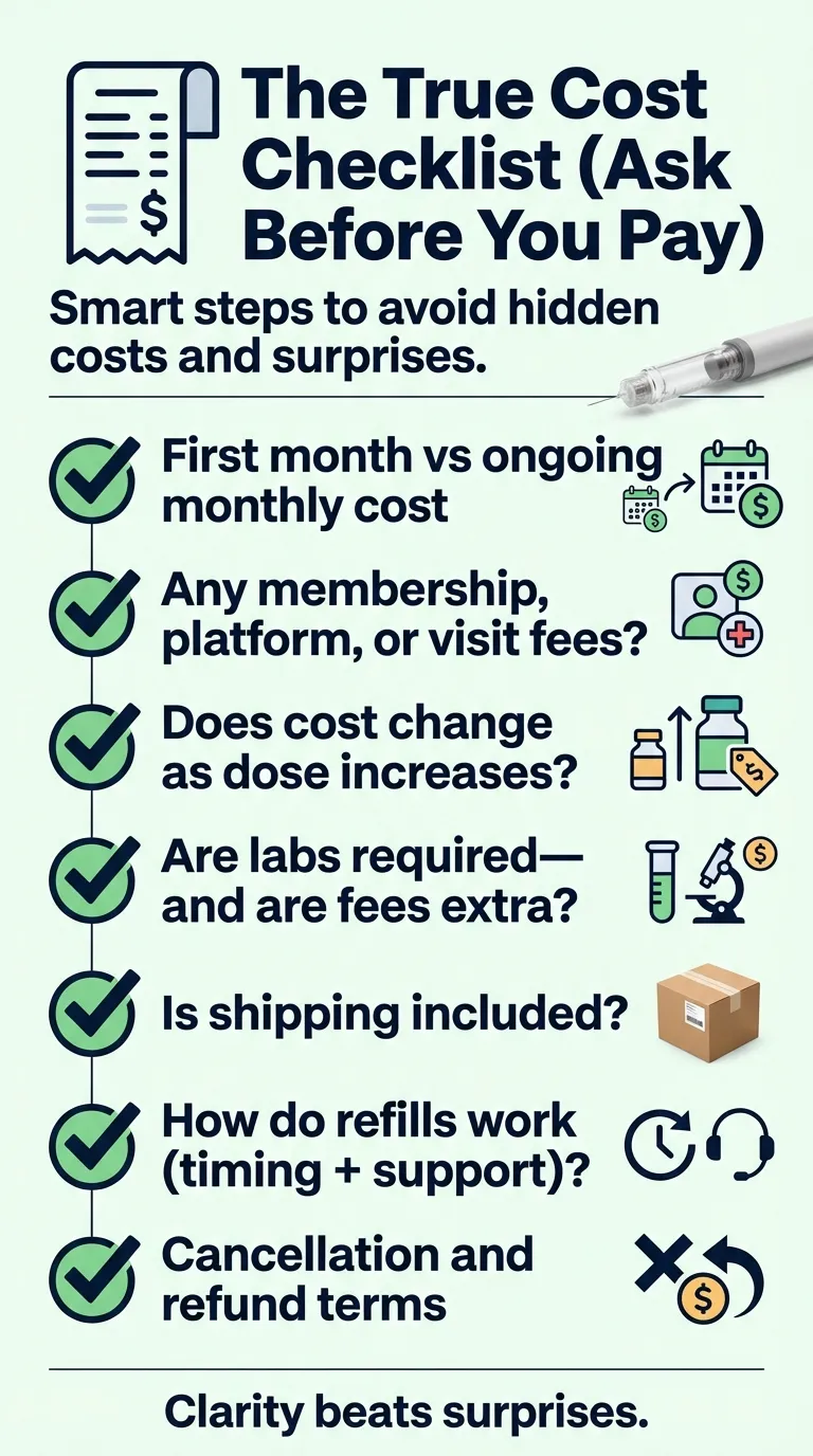 GLP-1 true cost checklist - 7 questions to ask before you pay including first month vs ongoing cost, membership fees, dose pricing, labs, shipping, refills, and cancellation terms