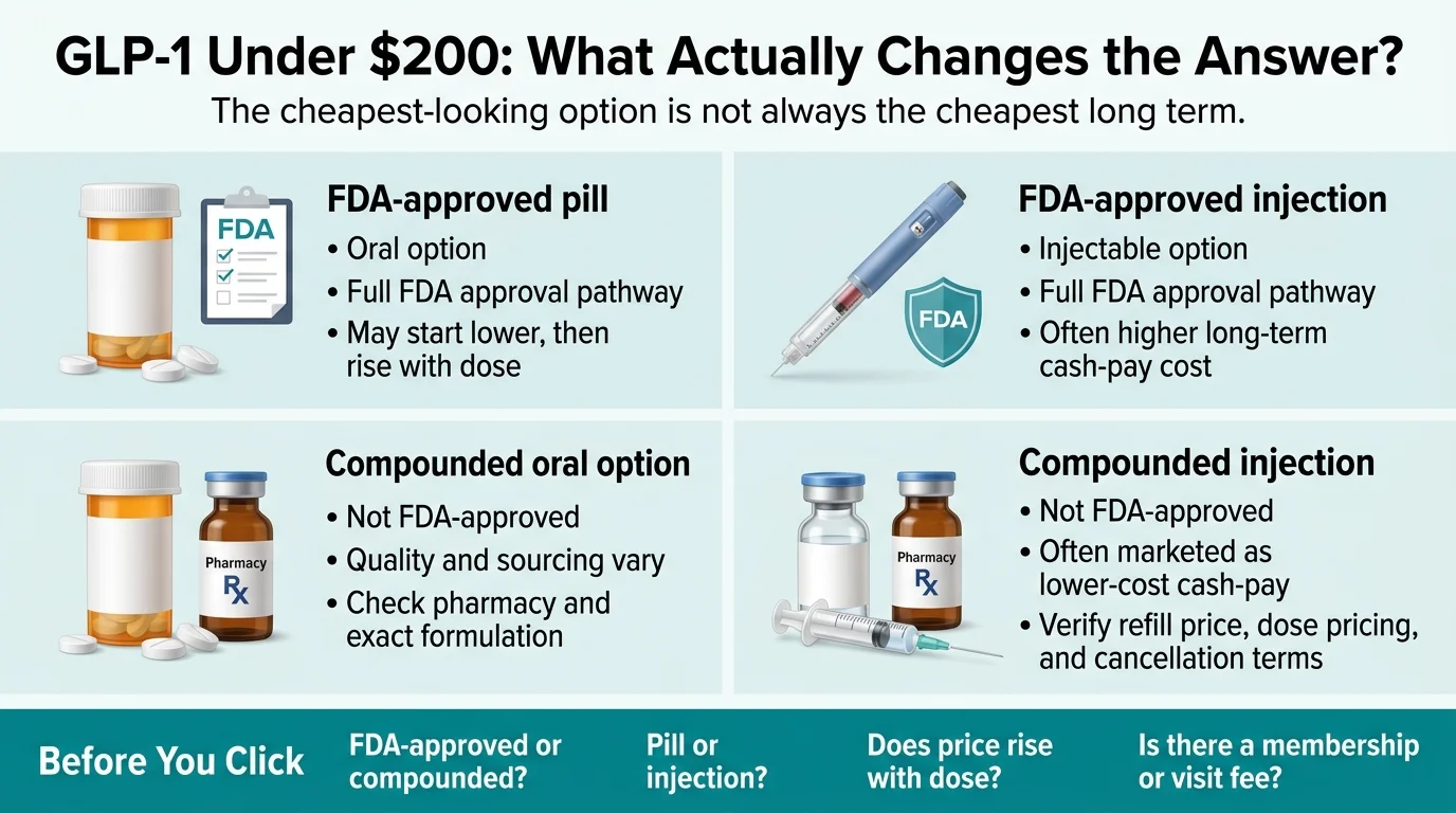 GLP-1 under $200: What actually changes the answer — comparison of FDA-approved pill vs injection vs compounded oral vs compounded injection