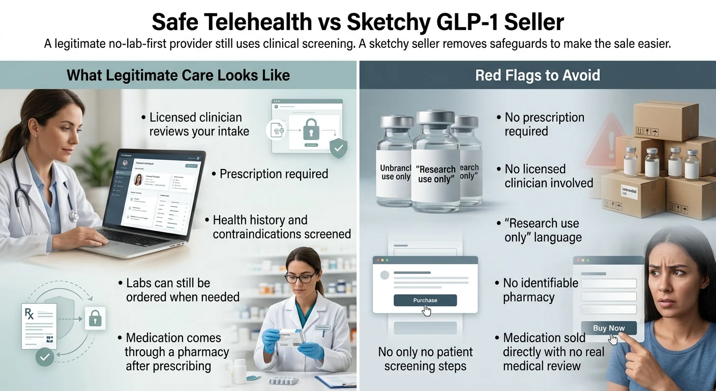 Safe telehealth versus sketchy GLP-1 seller comparison. What legitimate care looks like: licensed clinician reviews your intake, prescription required, health history and contraindications screened, labs can still be ordered when needed, medication comes through a pharmacy after prescribing. Red flags to avoid: no prescription required, no licensed clinician involved, research use only language on products, no identifiable pharmacy, no patient screening steps, medication sold directly with no real medical review.