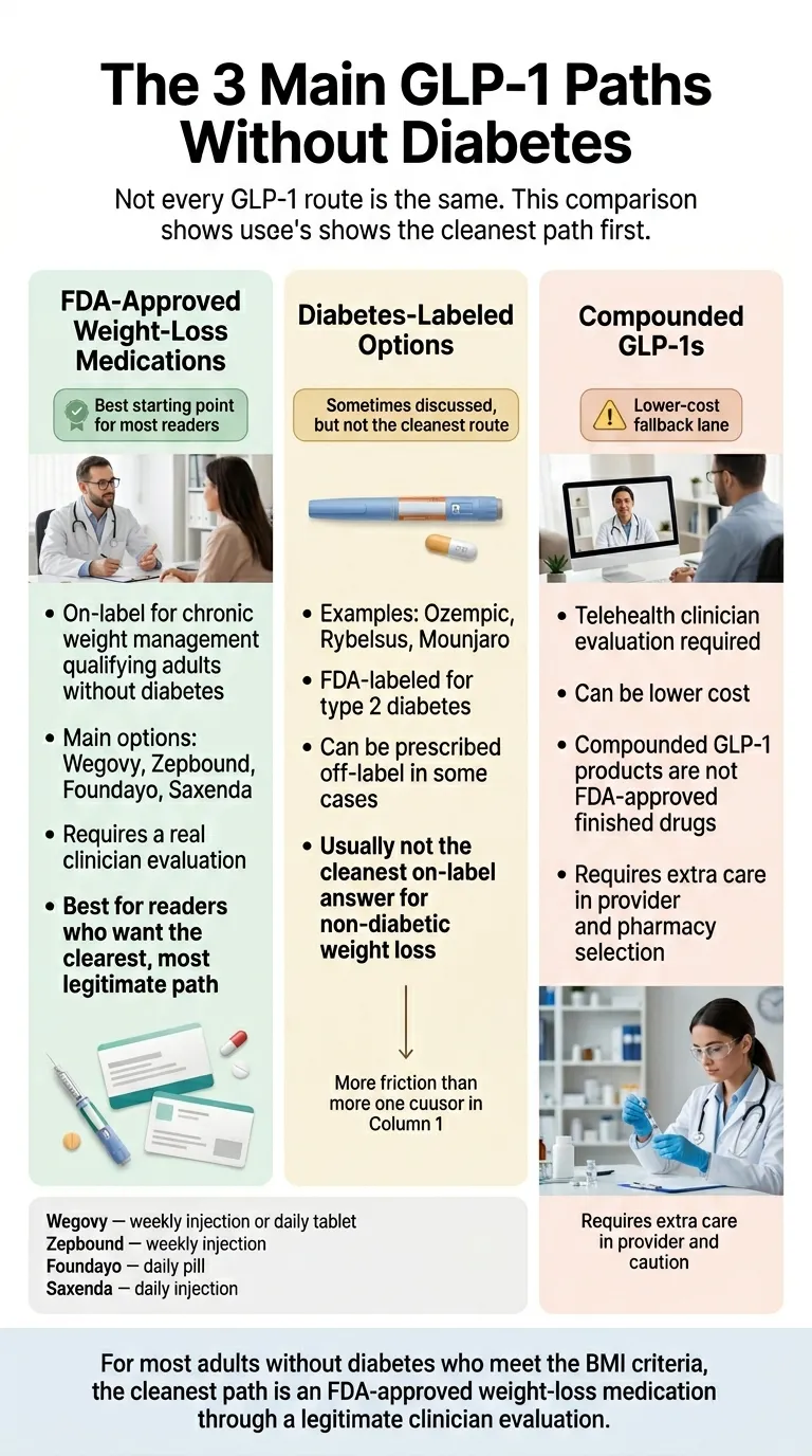 The 3 main GLP-1 paths without diabetes: FDA-approved weight-loss medications (best starting point, includes Wegovy, Zepbound, Foundayo, Saxenda), diabetes-labeled options (sometimes discussed but not cleanest route), and compounded GLP-1s (lower-cost fallback lane)