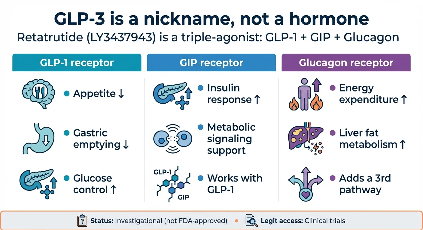 Diagram showing how retatrutide's triple-agonist mechanism works: GLP-1 receptor reduces appetite and slows digestion, GIP receptor enhances insulin and fat processing, glucagon receptor increases energy expenditure and liver fat metabolism