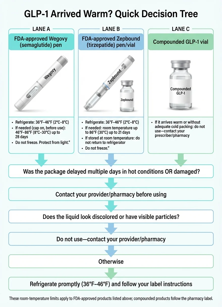GLP-1 Arrived Warm? Quick Decision Tree — storage guidelines for FDA-approved Wegovy, Zepbound, and compounded GLP-1 vials with flowchart for safe use