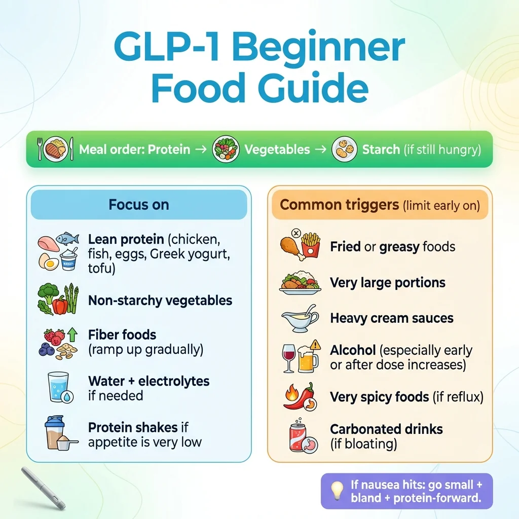 GLP-1 Beginner Food Guide: meal order protein then vegetables then starch, focus foods vs common triggers to limit early on
