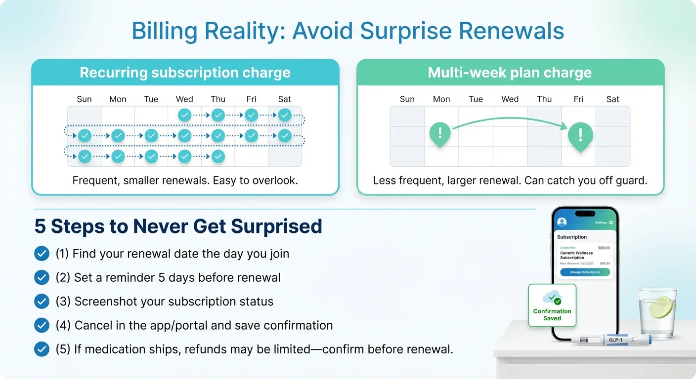 GLP-1 billing guide showing how to avoid surprise subscription renewals