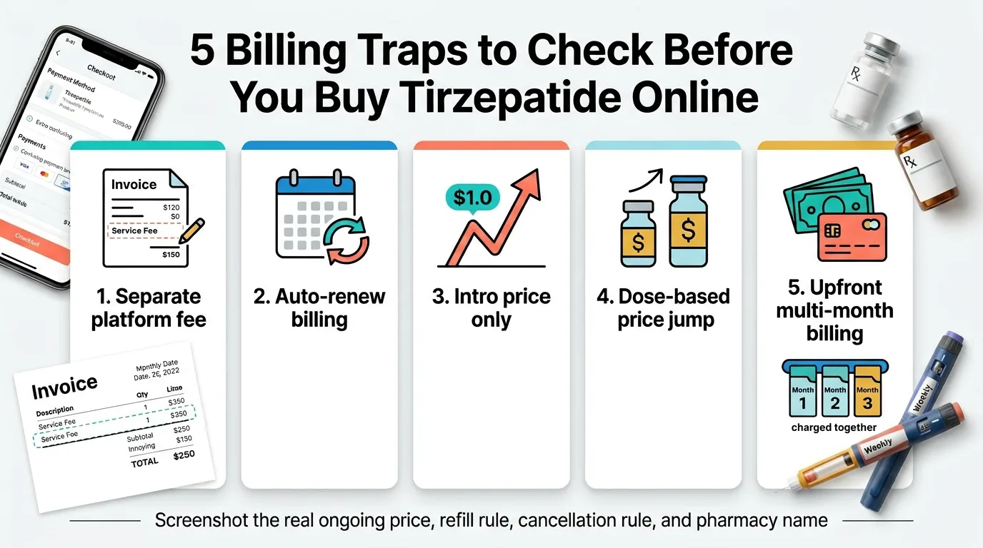 5 billing traps to check before you buy GLP-1 online — 1. Separate platform fee, 2. Auto-renew billing, 3. Intro price only, 4. Dose-based price jump, 5. Upfront multi-month billing. Screenshot the real ongoing price, refill rule, cancellation rule, and pharmacy name.
