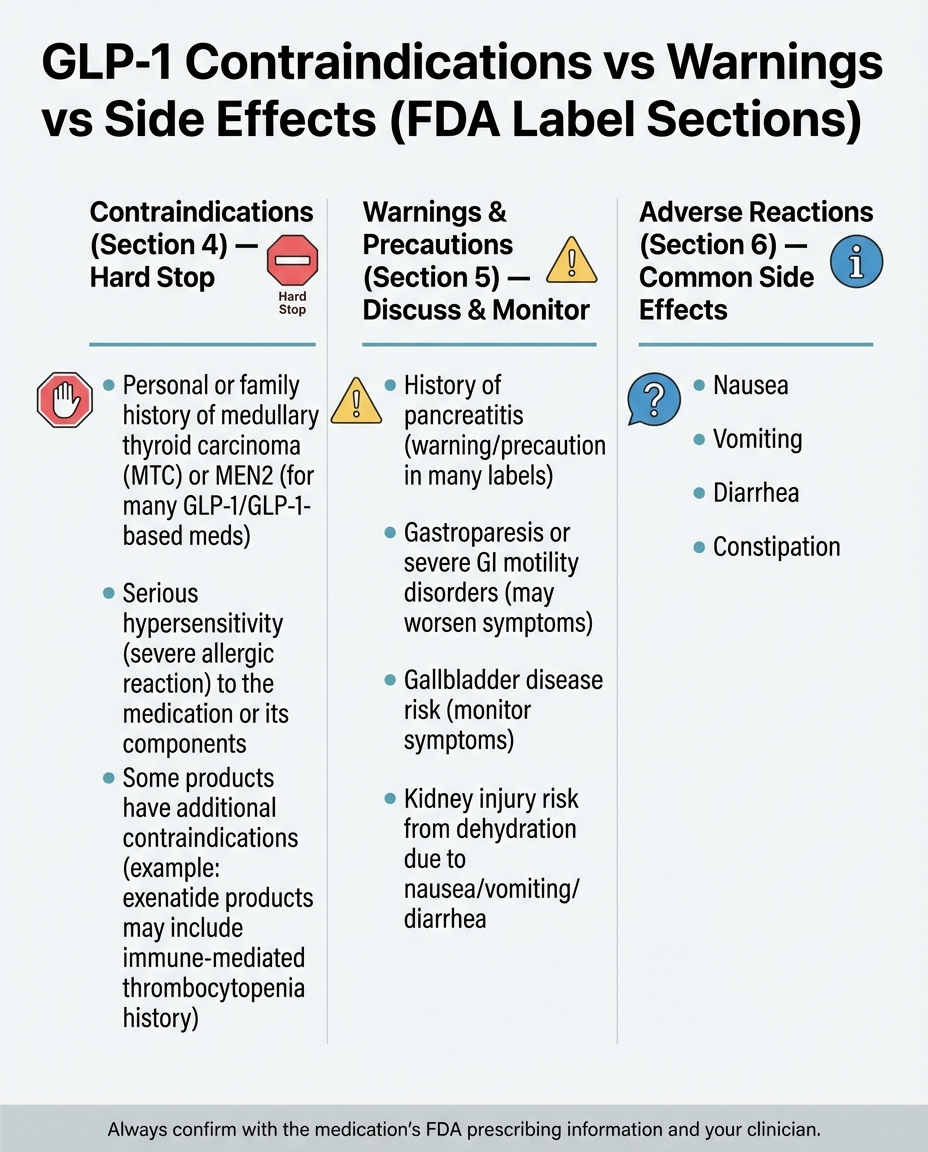 GLP-1 Contraindications vs Warnings vs Side Effects (FDA Label Sections) - visual comparison showing Section 4 hard stops, Section 5 discuss and monitor items, and Section 6 common side effects