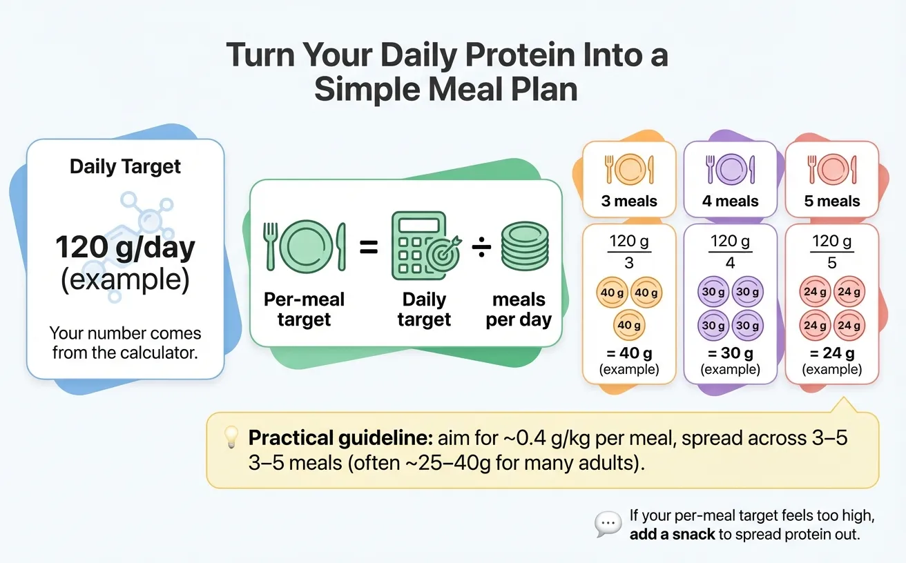 How to turn daily protein target into per-meal plan for 3, 4, or 5 meals