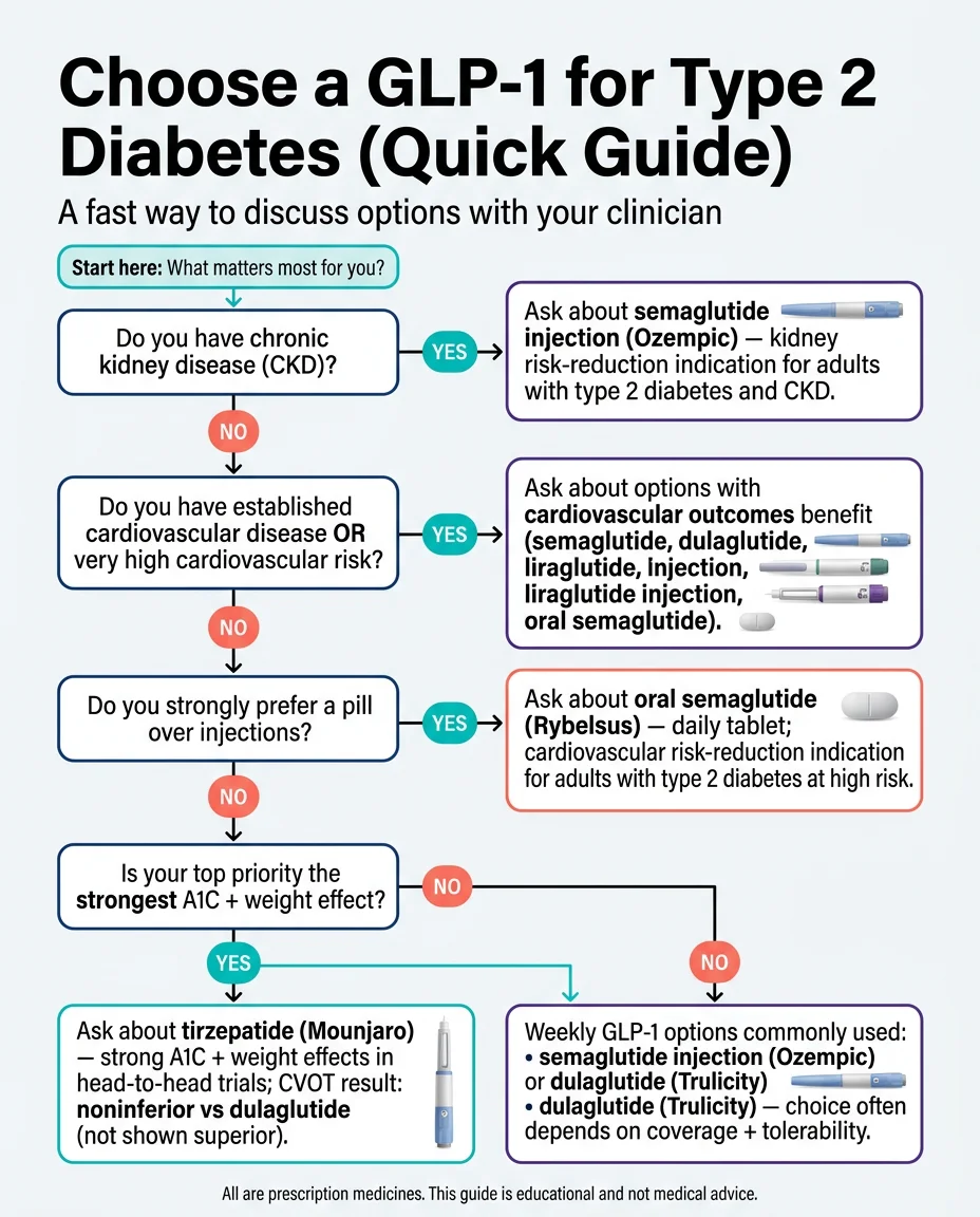 Decision flowchart for choosing the right GLP-1 medication for type 2 diabetes based on your clinical priorities