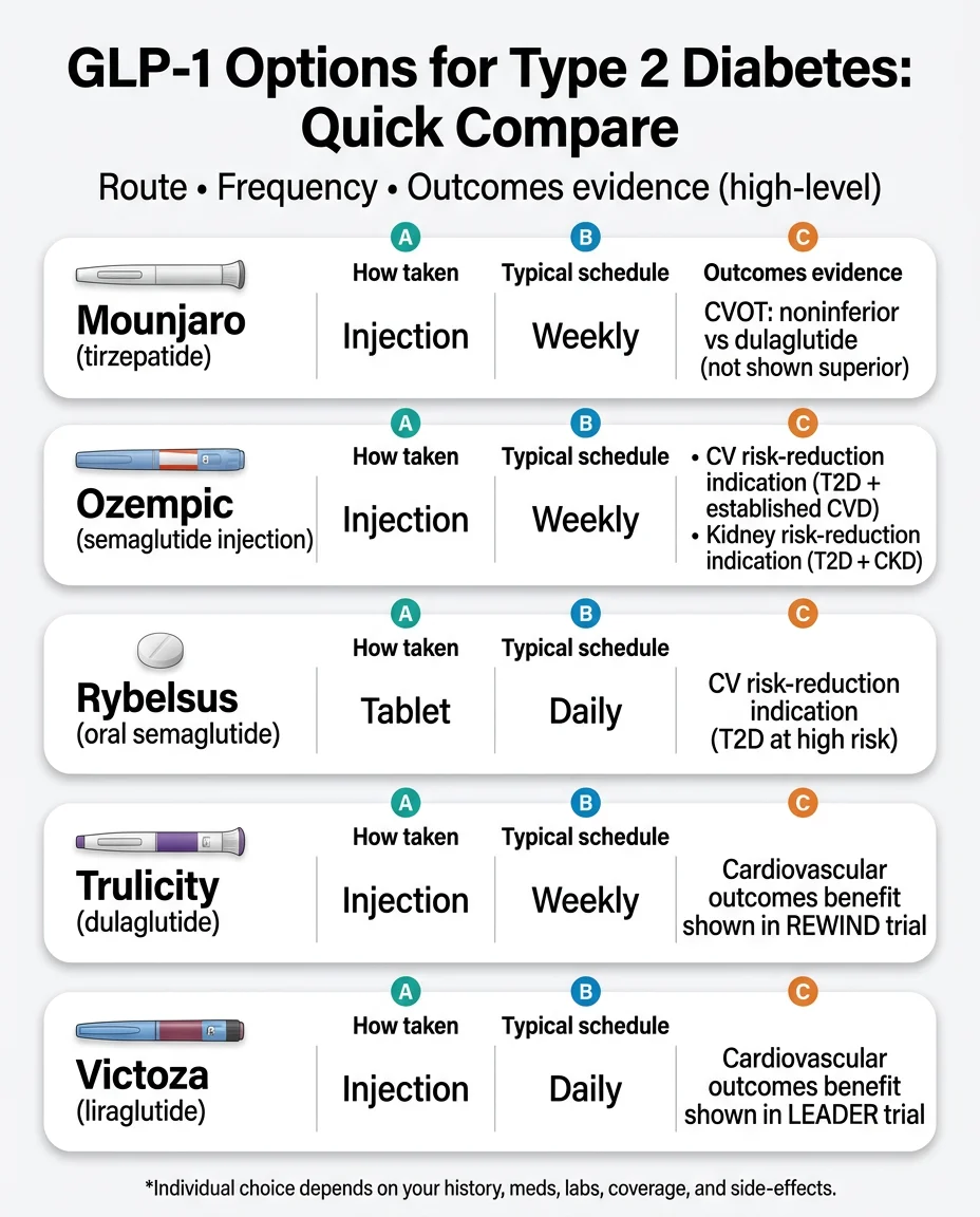 Quick comparison chart: Mounjaro vs Ozempic vs Trulicity vs Rybelsus for type 2 diabetes
