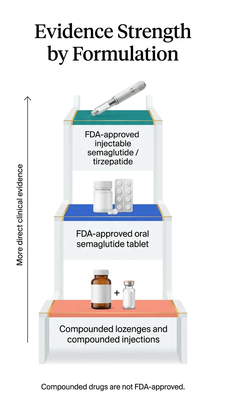 Evidence strength by GLP-1 formulation: FDA-approved injectable semaglutide and tirzepatide have the most direct clinical evidence, FDA-approved oral semaglutide tablet is in the middle, and compounded lozenges and injections have the least established evidence base