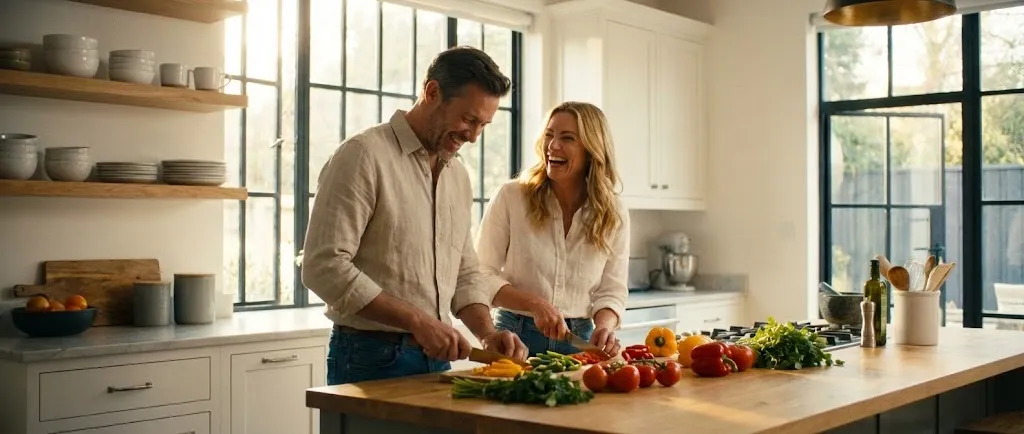 Happy couple preparing healthy meal together after successful GLP-1 weight loss journey