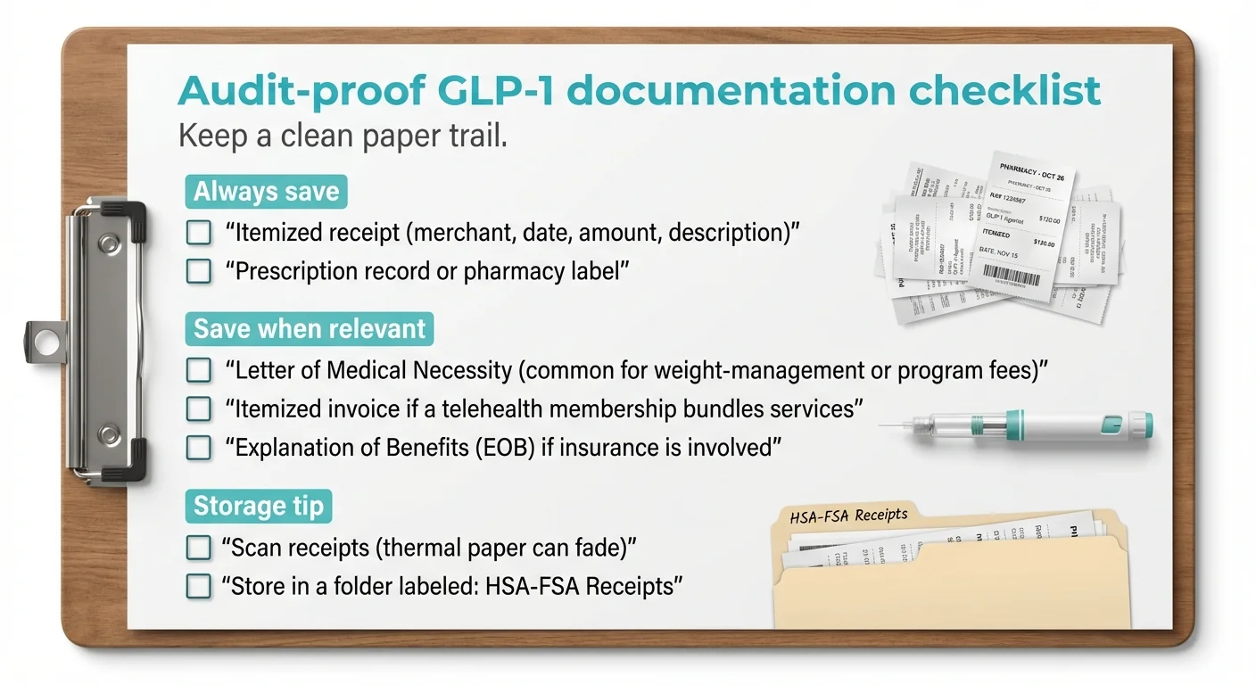 Audit-proof GLP-1 HSA/FSA documentation checklist: always save itemized receipts and prescription records, save Letter of Medical Necessity when relevant, scan thermal receipts, store in labeled folder
